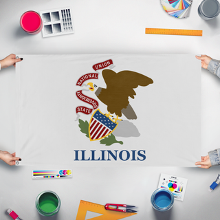 A mockup of the custom flag 'illinois flag' held up on a table during print checking