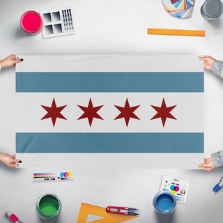 A mockup of the custom flag 'chicago flag' held up on a table during print checking
