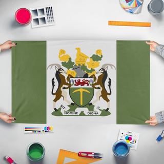A mockup of the custom flag 'rhodesia flag' held up on a table during print checking
