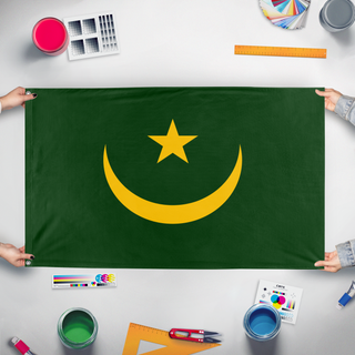 A mockup of the custom flag 'Mauritania  flag' held up on a table during print checking