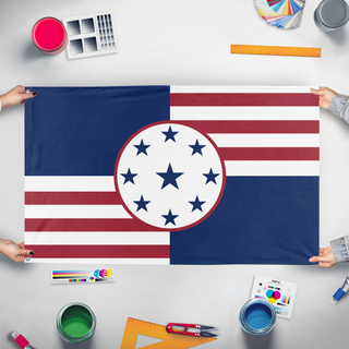 A mockup of the custom flag 'Republic flag' held up on a table during print checking