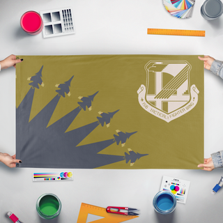 A mockup of the custom flag 'Ace Combat Yellow Squadron flag' held up on a table during print checking