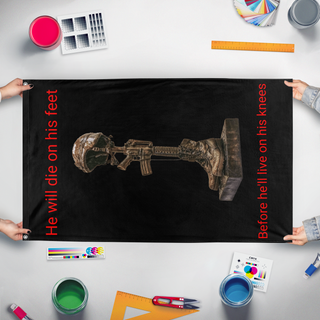 A mockup of the custom flag 'Sacrafice flag' held up on a table during print checking
