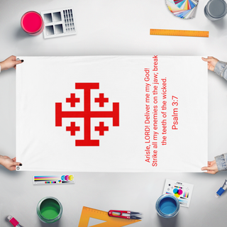 A mockup of the custom flag 'Psalm 3:7 flag' held up on a table during print checking