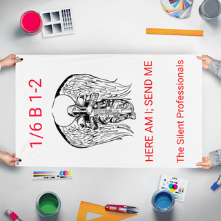 A mockup of the custom flag '1-2 flag' held up on a table during print checking