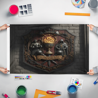 A mockup of the custom flag 'Gym flag' held up on a table during print checking