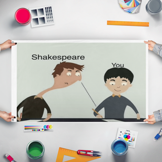 A mockup of the custom flag 'shakespeare flag' held up on a table during print checking