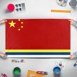 A mockup of the custom flag 'republic of chins  flag' held up on a table during print checking