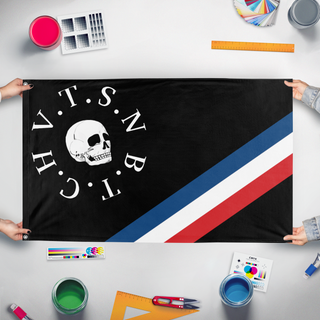 A mockup of the custom flag 'anaroco slavia  flag' held up on a table during print checking