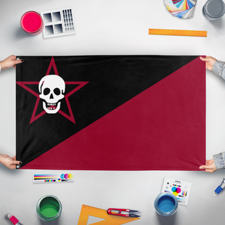 A mockup of the custom flag 'anarchist lithunia flag' held up on a table during print checking