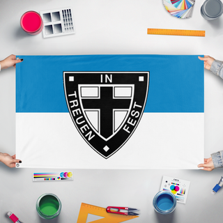 A mockup of the custom flag 'riga baltic germans  flag' held up on a table during print checking