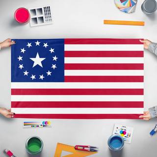 A mockup of the custom flag 'United States' held up on a table during print checking