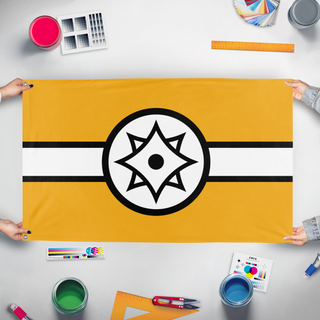 A mockup of the custom flag 'Yevrasvobodnia flag' held up on a table during print checking
