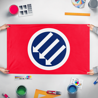 A mockup of the custom flag 'British Union of Anti-Fascists flag' held up on a table during print checking