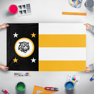 A mockup of the custom flag 'Tabb High School Flag' held up on a table during print checking