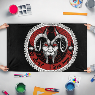 A mockup of the custom flag 'test flag' held up on a table during print checking