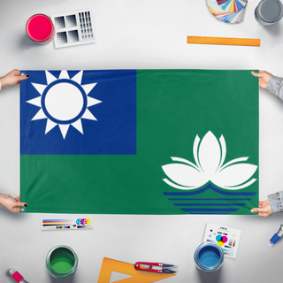A mockup of the custom flag 'Macau under the roc flag' held up on a table during print checking
