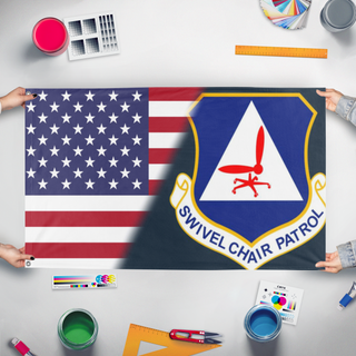 A mockup of the custom flag 'US/CAP FLAG' held up on a table during print checking