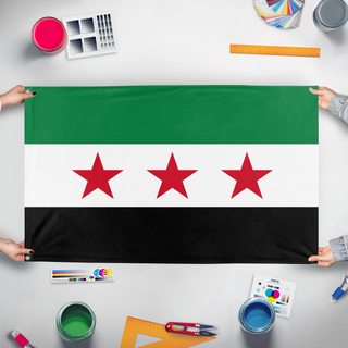 A mockup of the custom flag 'Arab Republic of Syria' held up on a table during print checking