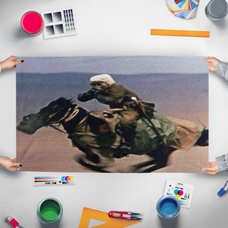 A mockup of the custom flag 'horseback flag' held up on a table during print checking