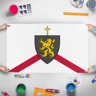 A mockup of the custom flag 'W.R flag' held up on a table during print checking