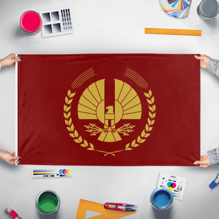 A mockup of the custom flag 'Flag of the United Districts of Panem' held up on a table during print checking