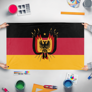 A mockup of the custom flag 'The Empire of Germany flag' held up on a table during print checking