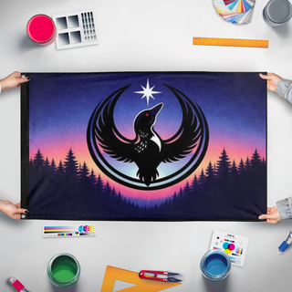 A mockup of the custom flag 'Rebel Loon Northern Lights flag' held up on a table during print checking