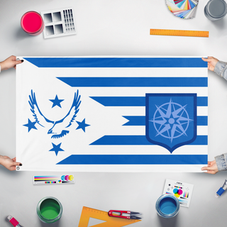 A mockup of the custom flag 'Bayland  flag' held up on a table during print checking