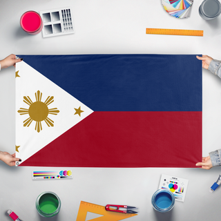 A mockup of the custom flag 'Philippines  flag' held up on a table during print checking