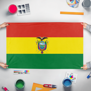 A mockup of the custom flag 'Bolivia  flag' held up on a table during print checking