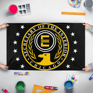 A mockup of the custom flag 'Chicago Enclave flag' held up on a table during print checking