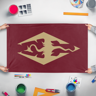 A mockup of the custom flag 'Dragon Banner flag' held up on a table during print checking