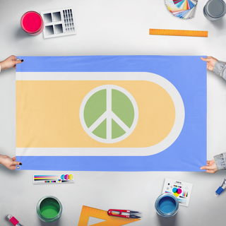 A mockup of the custom flag 'Cove's Militia flag' held up on a table during print checking