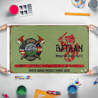 A mockup of the custom flag 'FRFR Bataan flag' held up on a table during print checking