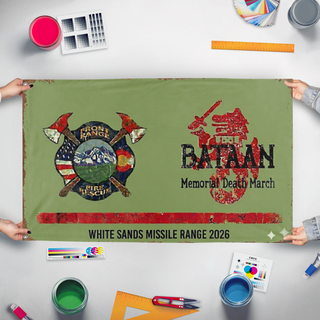 A mockup of the custom flag 'FRFR Bataan  flag' held up on a table during print checking