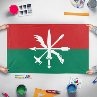 A mockup of the custom flag 'Republic of Sotoa flag' held up on a table during print checking