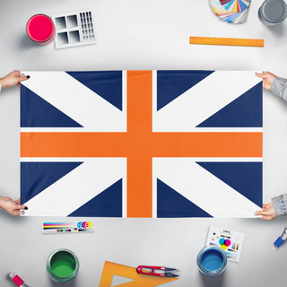 A mockup of the custom flag 'Republic of Albios flag' held up on a table during print checking