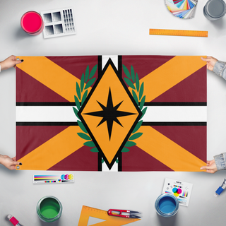 A mockup of the custom flag 'Athorr Star Empire flag' held up on a table during print checking