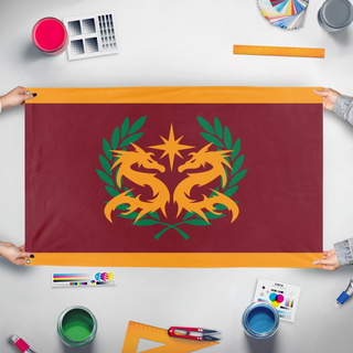 A mockup of the custom flag 'Ascalian Empire flag' held up on a table during print checking