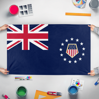 A mockup of the custom flag 'Dominion of America flag' held up on a table during print checking