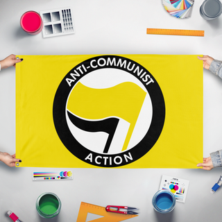 A mockup of the custom flag 'Anticom personal use flag' held up on a table during print checking