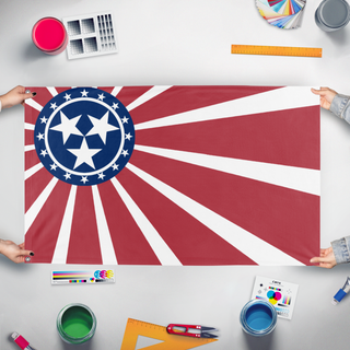 A mockup of the custom flag 'america japan flag' held up on a table during print checking