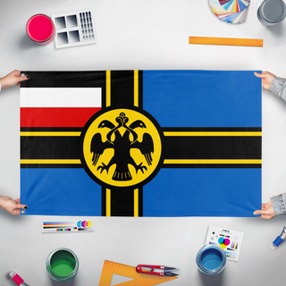 A mockup of the custom flag 'kaiserredx flag' held up on a table during print checking
