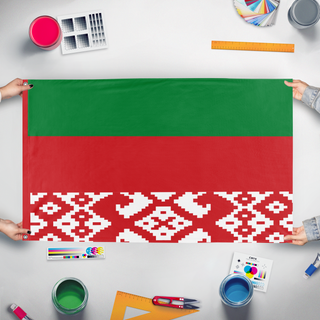 A mockup of the custom flag 'milinand flag' held up on a table during print checking