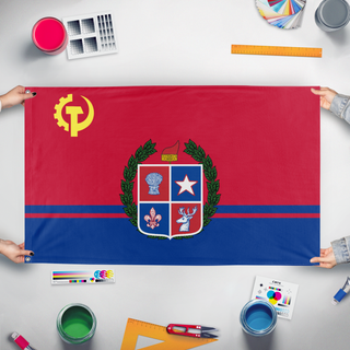 A mockup of the custom flag 'Democratic Peoples Republic of Acadia flag' held up on a table during print checking