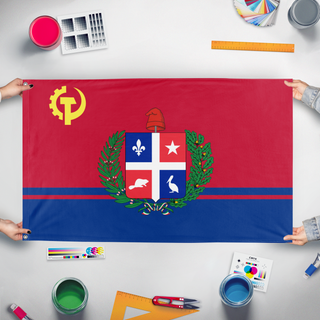 A mockup of the custom flag '` flag' held up on a table during print checking