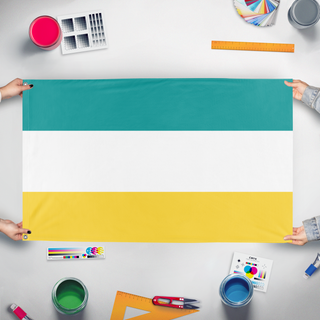 A mockup of the custom flag 'Mineland flag' held up on a table during print checking