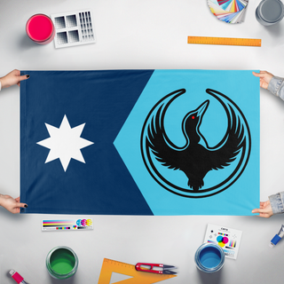 A mockup of the custom flag 'MN State Loon Rebel Alliance flag' held up on a table during print checking