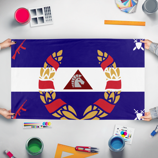 A mockup of the custom flag 'Militar Forces Of Tricoslavy flag' held up on a table during print checking